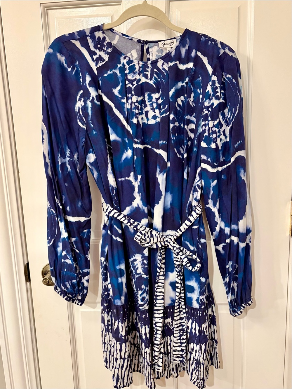 Garrie B Navy and White Long-Sleeve Tie-Dye Belted Dress